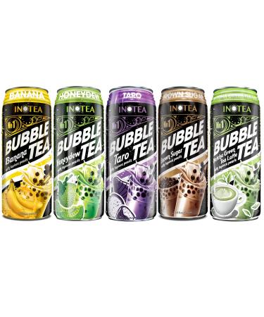 (Pack of 5) INOTEA Bubble Tea Variety Pack with ATIUS Thank You Card. Milk Tea with Boba Pearls in a Can (16.6oz/can). Assorted Flavors - 1 Can of Each 5 Flavors (Brown Sugar, Taro, Matcha, Banana, Honeydew). Straws Included.