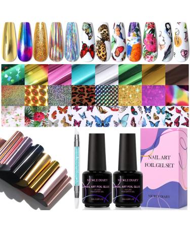 NICOLE DIARY 61 Sheets Nail Foil Transfer Stickers Set, Nail Art Decals, Include Nail Foil Glue, Silicone Pen 61 Sheets Nail Foil Transfer Sticker Set