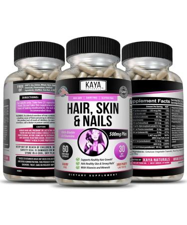 Kaya Naturals Hair Skin Nail Capsules - Biotin, Vitamin D, B-12, Folic Acid - Supports Hair Growth - 60 Count - Buy Online on GoSupps.com