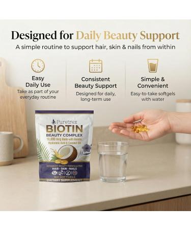 PURETREX Biotin 10,000mcg with Keratin, Hyaluronic Acid & Coconut Oil | 180 Advanced Softgels, Fast Absorption, 3 Month Supply | Supports Strong Hair, Skin & Nails | Non-GMO, Gluten-Free, UK Made - Buy Online on GoSupps.com