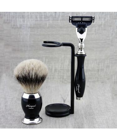 Premium Men's Shaving Set - 3-Piece Badger Hair Brush with Stand & Holder | Elegant Black Design - Buy Online on GoSupps.com