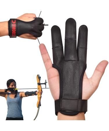 DMoose Archery Glove, Leather Gloves for Recurve & Compound Bow, Non-Slip Padded Tips for Grip Stability, Three Finger Protected Design Archery Finger tab, Archery Accessories for Men, Women & Youth Black Leather Small
