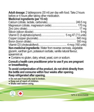 Liquid Calcium Magnesium Formula with Vitamin D Vitamin E and Zinc - Maintain Healthy and Stronger Bones - 500ml - Vanilla Spearmint Flavor - Non-GMO Gluten Free Sugar Free - Made in Canada - Buy Online on GoSupps.com