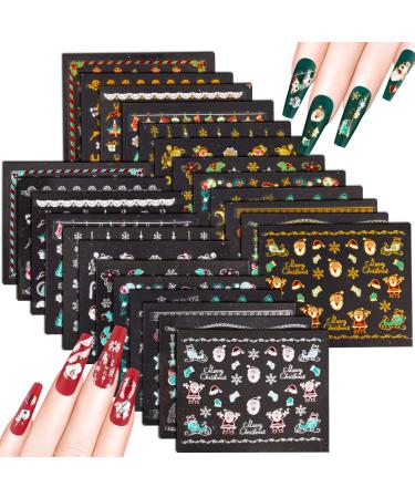 24 Sheets Christmas Nail Stickers Christmas Nail Art Stickers Decals Self-Adhesive 3D Snowflakes Santa Claus Christmas Trees Snowmen Patterns for Christmas Nail Decorations