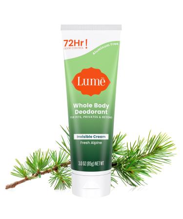 Lume Whole Body Deodorant - Invisible Cream Tube - 72 Hour Odor Control - Aluminum Free Baking Soda Free Skin Safe - 3.0 ounce (Fresh Alpine) Fresh Alpine 3 Ounce (Pack of 1)
