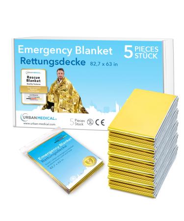 URBAN MEDICAL Premium Rescue Blanket | First Aid Rescue Film | 5 Pieces | Gold/Silver | 210 x 160 cm | Waterproof Emergency Blanket | Cold Protection | Heat Protection | Car Accessories