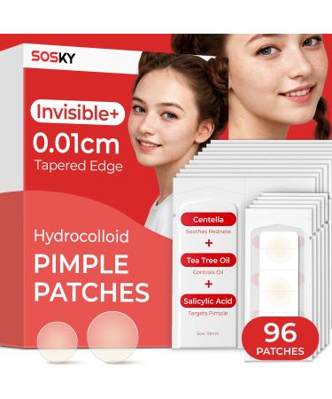 Sosky Pimple Patches for Face FSA HSA Eligible Invisible Hydrocolloid Acne Patches Zit Sticker for Face and Skin Pimple Patches for Covering Zits Blemishes with Salicylic Acid 2 Sizes 96 Count 96 Count (Pack of 1)