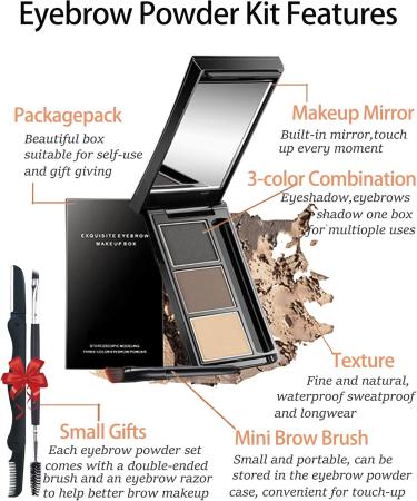 Eyebrow Powder Makeup Kit-3 Colors Eye Brow Tinted Powder Palette Long-Lasting Waterproof Black Brown Series Brow Powder Fill & Sculpt Full Eyebrows for Women With Mirror 2 Brow Tool -Set 01 - Buy Online on GoSupps.com