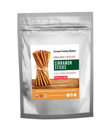 Coconut Country Living's organic Ceylon Cinnamon Sticks - Fair Trade Whole 3" Quills of Authentic, Sweet Cinnamon - No Contact w/Gluten, Soy, Peanuts, GMO, etc - Complementary eBook - 3.5 oz 3.53 Ounce (Pack of 1)