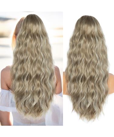 26 Inch Ponytail Extension Natural Drawstring Ponytail Extension Long Wavy Hair Extensions Synthetic Hair Pieces for Women Soft Ponytail Hair Extension (Warm Ash Blonde Highlights Bleach Blonde) Drawstring-Warm Ash Blonde Highlights Bleach Blonde