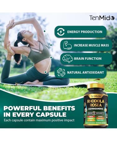 Tenmido Rhodiola Rosea Supplement - 8in1 Formula - Combine with Ashwagandha Turmeric Berberine Maca Chamomile Green Tea and Black Pepper - Nutrient Rich - 150 Vegan Capsules - Buy Online on GoSupps.com