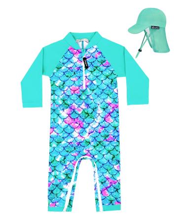 weVSwe Baby Girl Swimming Costume UV Protection Rash Guard One Ppiece Swimsuit with Toddler Sun Hat Flap Cap 0-3 Years 18-24 Months Fish Scales Green