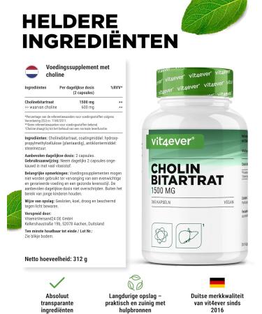 VitaminVersand24 DE Choline capsules 365 capsules with 1500 mg choline bitartrate per daily dose more than 6 months supply liver homocysteine & fat metabolism natural high dose vegan - Buy Online on GoSupps.com