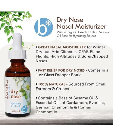 Baraka Dry Nose Nasal Oil Hydrating Nose Moisturizer for Dry Nasal Passages Organic Essential Oils (Cardamom Everlast German & Roman Chamomile) in Sesame Oil Base 1-Pack (1-oz Dropper Bottle) Single - Buy Online on GoSupps.com