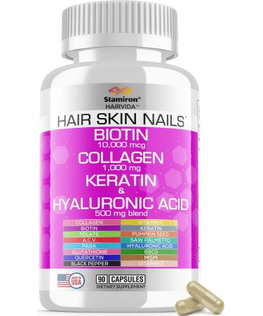 Stamiron Hair Skin and Nails Vitamins for Women with Biotin 10000mcg Collagen 1000mg Supplements Plus Keratin Hyaluronic Acid Saw Palmetto Bamboo Vitamin B & C for Hair Growth Nail & Skin - USA Made