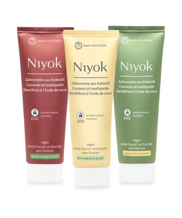 Niyok toothpaste made of organic coconut oil (3x75ml) Toothpaste without fluoride without microplastics Natural cosmetics sensitive also for children vegan toothpaste natural flavors blood orange + peppermint + lemon grass & ginger - Buy Online on GoSupps.com