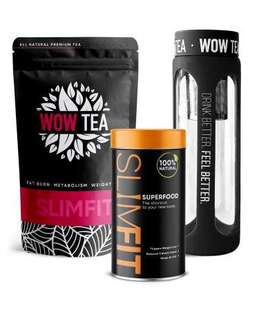 WOW TEA - Weight Loss and Fat Loss Infusions - Weight Loss Combo - Slimming Tea + Meal Replacement Powder and Black Tea Infuser Bottle | 300g, Made in EU