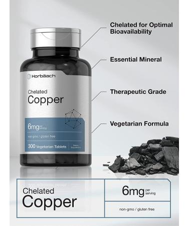 Chelated Copper 6mg Supplement | 300 Vegetarian Tablets | Non-GMO & Gluten-Free | Horbaach - Buy Online on GoSupps.com