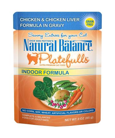 Natural Balance Platefulls Indoor Premium Adult Cat Food in Gravy | Grain-Free Food for Indoor Cats | Protein Choices Include Turkey, Salmon, Chicken, Mackerel, Duck | 3 Ounce Pouches (Pack of 24) Chicken & Chicken Liver