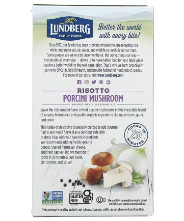 Lundberg Family Farms Traditional Italian Risotto Porcini Mushroom - 5.9 oz | Non-GMO, Gluten-Free, USDA Organic | Convenient Side Dish | 20 Min Cook Time - Buy Online on GoSupps.com