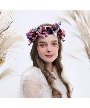 Floral Crown Headband Flower Garland Headband Hair Wreath Hair Garland Flower Halo Floral Headpiece Boho with Ribbon Wedding Party Festival Purple One Size - Buy Online on GoSupps.com