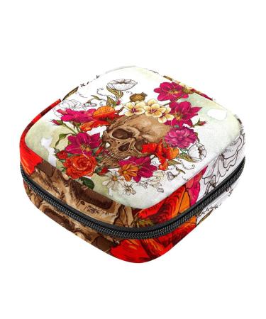 Skulls and poppy flowers Flowers Women Binding Storage Pocket Menstruation Pad Bag Sieremic menstrual cup pocket with zipper for teenagers girls women women