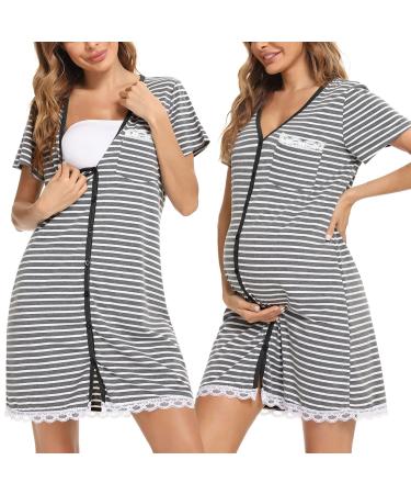 Uniexcosm Maternity Nursing Nightdress Women's Short Sleeve Nightwear Soft Button Down Nightgown Stripe Sleepwear Maternity Pyjamas Nightshirt Grey L - Buy Online on GoSupps.com