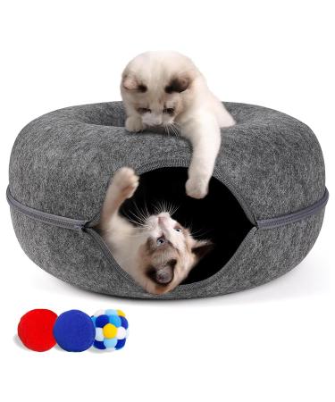 Cherie Bear Donut Design Cat Tunnel Bed for Indoor Cats with 3 Balls Felt Cat Tunnel Cave Bed with Zipper Design Interactive Cat Toy for Fun and Comfort Cozy Hiding Tent for Large Cats and Kittens Small Dark Grey