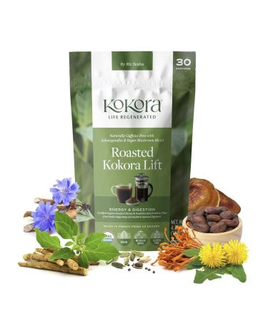 kokora - Roasted Kokora Lift - Dandelion Chicory Ashwagandha Root Powder with Super Mushrooms - Energizes & Promotes Healthy Digestion - Vegan Gluten Free No Added Sugar - 30 Servings - 120g