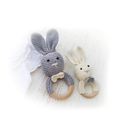 Natural Wooden Baby Toys Cotton Crochet Bunny Teething Ring Teether Rattle Set of 2 Newborn Unisex Baby (Grey Mama White Baby) - Buy Online on GoSupps.com