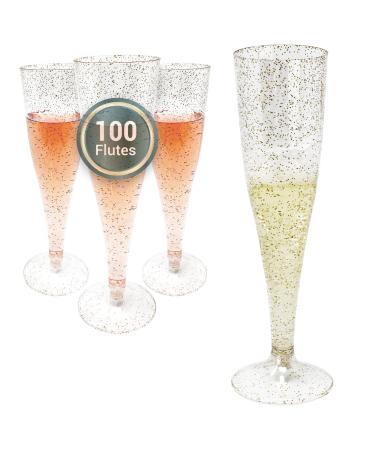 Reli. (100 Bulk Pack Gold Glitter Plastic Champagne Flutes 4.5 Oz | Clear Plastic Champagne Glasses/Flutes | Disposable, BPA-Free, Shatterproof | Perfect for Mimosa, Cocktail, Wedding, Party Toasting