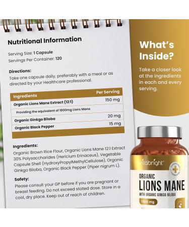 Organic Lions Mane 1800mg Mushroom Supplement - 120 Capsules - 4 Month Supply with Ginkgo Biloba & Black Pepper - VitaBright - Buy Online on GoSupps.com