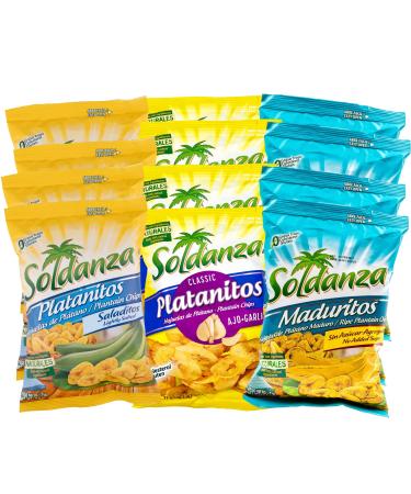 Soldanza Plantain Chips, Variety Pack 2.5 oz (Pack of 12) 4 x Salted Plantain Chips, 4 x Ripe Plantain Chips, 4 x Garlic Plantain Chips