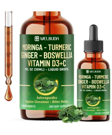 9in1 Moringa Liquid Drops with Ginger Boswellia Vitamin D3-C Ceylon Cinnamon Ashwagandha Ceylon Cinnamon and Bitter Melon - Support Immune Overall Wellness - 1 FL Oz - 30 Servings