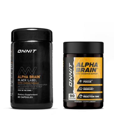 ONNIT Cognitive Performance Bundle: Alpha Brain Nootropic Capsules (90 Count) + Alpha Brain Black Label Capsules (80 Count) IGEN Non-GMO Tested Focus Mental Clarity & Alertness Pack of 2