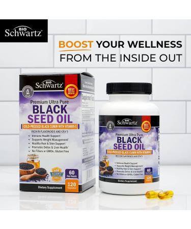 Black Seed Oil Softgel Capsules 1000mg - Liver Support Supplement with Vitamin E - Vegan Hair Skin Vitamins - Non-GMO, Gluten-Free - 120ct - Buy Online on GoSupps.com