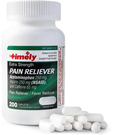 Timely Extra Strength Headache Relief - 200 Caplets Acetaminophen Aspirin & Caffeine for Migraine Body Pain & Muscle Aches - Compare to Excedrin - Made in USA - Buy Online on GoSupps.com