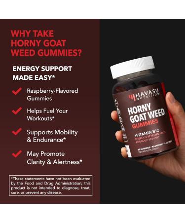 Horny Goat Weed Gummies with Vitamin B12 - Energy Endurance & Performance Support for Male Health - 60 Count - Vegetarian-Friendly Non-GMO Pectin-Based - Raspberry Flavor 1 Month Supply 60 Count (Pack of 1) - Buy Online on GoSupps.com