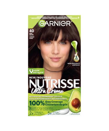 Garnier Nutrisse Ultra Cr me Permanent Hair Dye 100% Grey Coverage Vegan Formula Nourished Hair Long-Lasting Rich Colour 40 Dark Brown 1 Application Packaging May Vary
