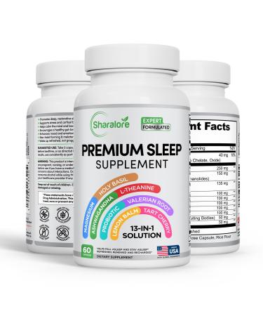 Sharalore 13-in-1 Natural Sleep Aid for Adults Melatonin-Free Premium Sleep Supplement with Magnesium Ashwagandha 5-HTP Valerian Root & Probiotics Non-Habit Forming 60 Capsules