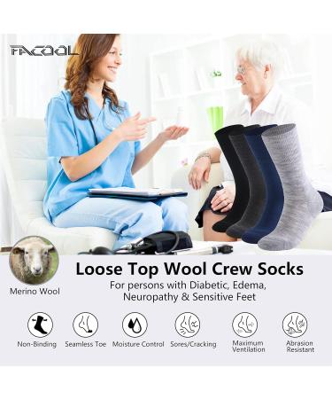 Facool Diabetic Socks - Merino Wool Crew Socks for Men & Women - Non-Binding Top, Cushion Sole, Seamless Toe - 3 Pairs Multicolor (Black, Dark Grey, Navy Blue) - Large Size - Buy Online on GoSupps.com