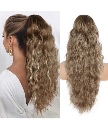 26 Inch Ponytail Extension Natural Drawstring Ponytail Extension Long Wavy Hair Extensions Synthetic Hair Pieces for Women Ponytail Hair Extension for Daily Use (Medium Brown Highlighted Blonde) Drawstring-Medium Brown Highlighted Blonde