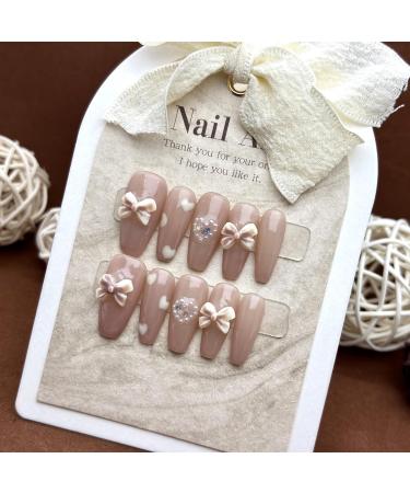 Nude colored pearl bow hand worn nail ladder wearable nail patch detachable fake nails 10pcs (Size : M) - Buy Online on GoSupps.com
