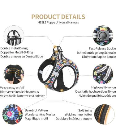 Heele No-Pull Dog Harness for Small Dogs | Breathable Adjustable Safety Harness with Reflective Design - Flower Black - Buy Online on GoSupps.com