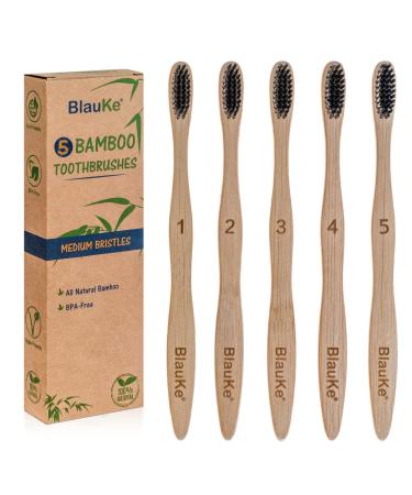 BlauKe Bamboo Toothbrushes Medium Bristles 5-Pack Biodegradable Sustainable Natural Eco Friendly Black Charcoal Wooden Toothbrush Set