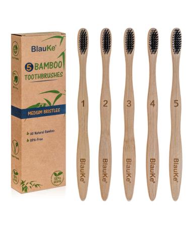 BlauKe Bamboo Toothbrushes Medium Bristles 5-Pack Biodegradable Sustainable Natural Eco Friendly Black Charcoal Wooden Toothbrush Set - Buy Online on GoSupps.com