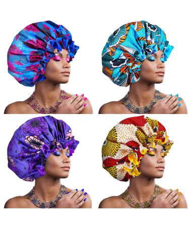 Janmercy 4 Pcs African Satin Bonnet Black Women Soft Sleeping Bonnet with Adjustable Buckle Double Layer Sleep Cap Extra Large Sleeping Cap Reversible Night Hair Bonnets for Women (Retro Style)