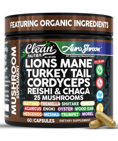 AuraShroom Mushroom Supplement Lions Mane Turkey Tail Cordyceps Reishi Shiitake Chaga Oyster Stress Relief Immune Support Nootropic Energy Portobello Mushrooms 60 Capsules by Clean Nutra