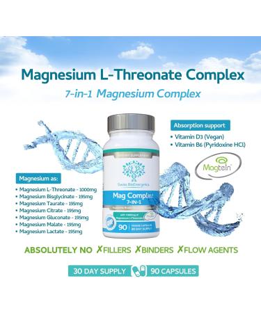 Magnesium L-Threonate Complex 7-in-1 with 1000mg of Magtein Plus Magnesium as Bisglycinate Taurate Citrate Gluconate Malate & Lactate - Supports Sleep - Vegan US Made and No Artificial Nasties - Buy Online on GoSupps.com
