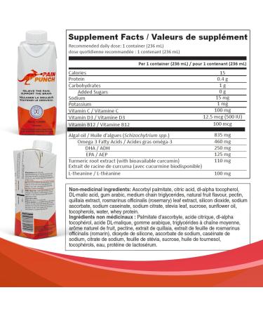 Pain Punch - 4 Pack Natural Health Product for Health & Wellness Pain Relief Supports Cognitive Health w/Turmeric Vegan Omega-3 & L-Theanine to Provide Relaxation and Focus | 4 x 236ml - Buy Online on GoSupps.com